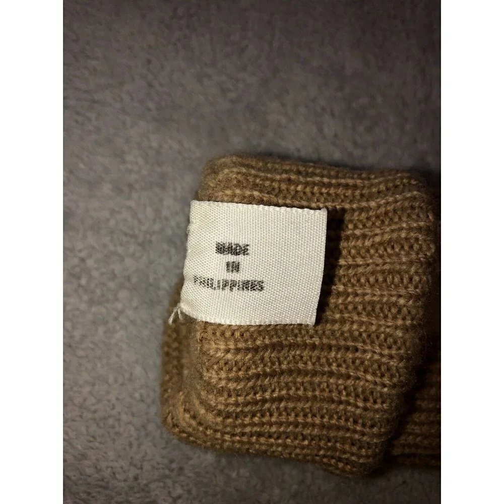 Vintage Ivory Leather Medium Brown Knit Ribbed Cuff Winter Gloves